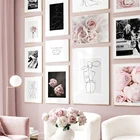 Постер с изображением розовых пионов, абстрактных линий, звезд, винтажный, скандинавский стиль, настенная живопись, декоративные картины для гостиной