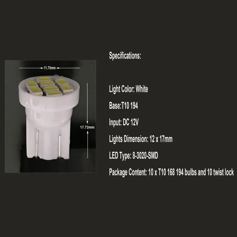 Автомобильная лампа T10 Led W5W 12 В с закручивающимся замком панель светильников