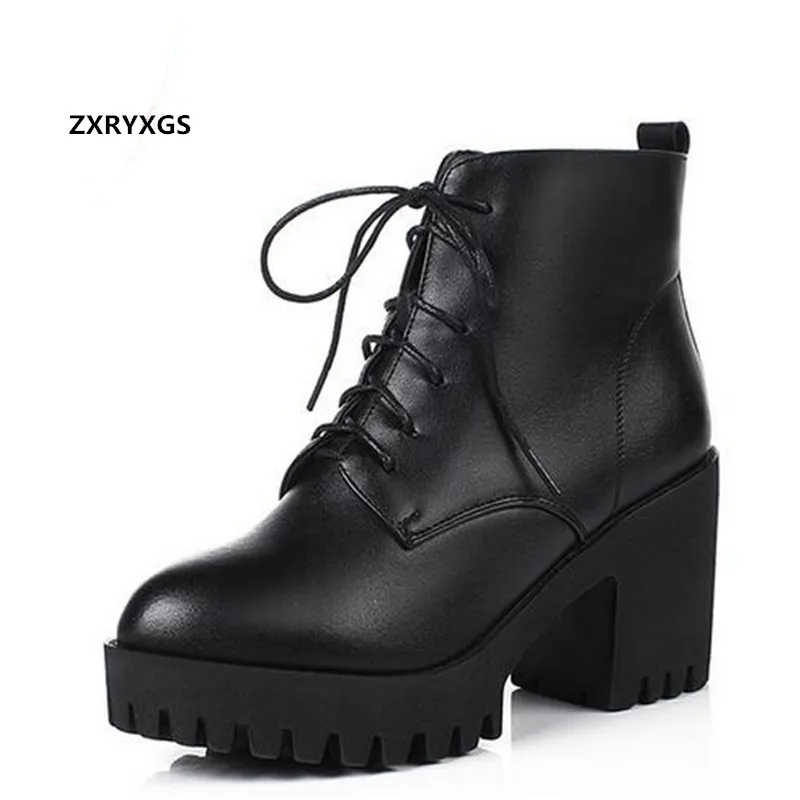 

2022 New Cowhide Lace-up Side Zipper Black Shoes Autumn Boots Platform Heighten Shoes Winter Warm Cotton Boots Women Snow Boots