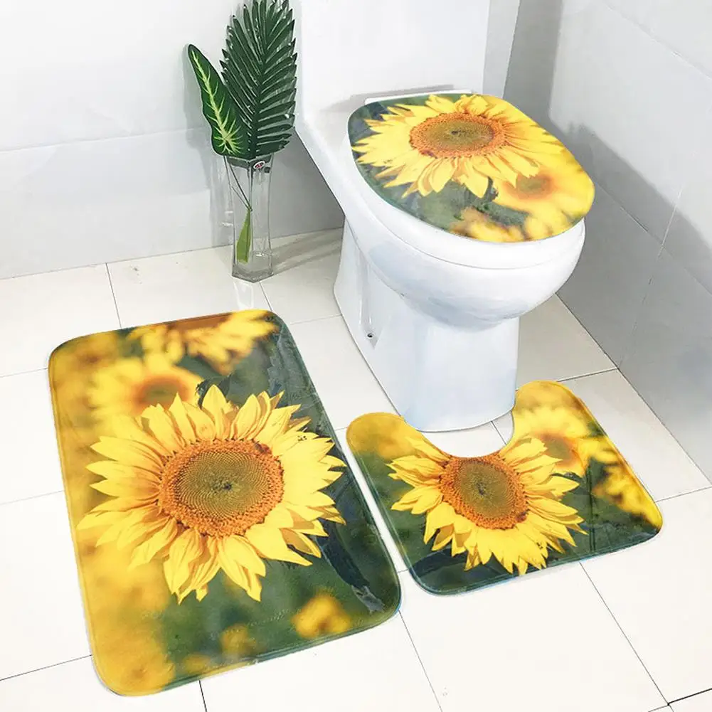 

3pcs/set Sunflower Pattern BathMat Non-slip Toilet Cover Seats Bathroom Rug Sets Kitchen Carpet Home Decoration