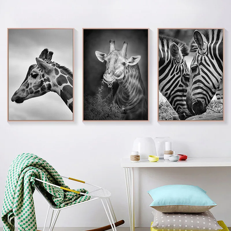 Black White Art Canvas Painting Elephant Lion Giraffe Posters Animals Wall Prints Pictures For Living Room Home Decor LB213 | Дом и сад