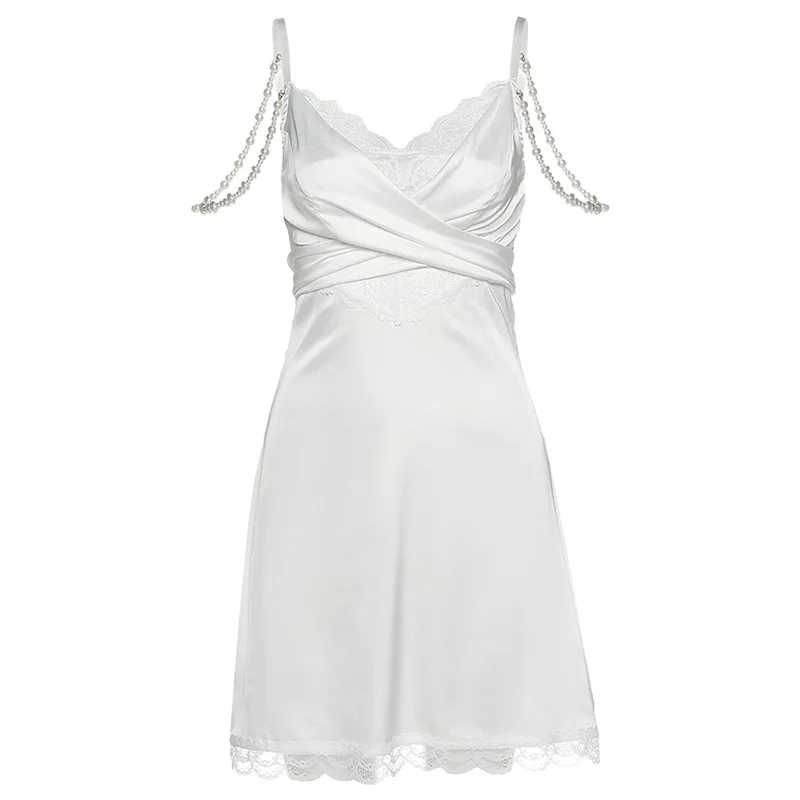 

AL 2021 Summer New White Fashion Bowknot Lovely And Sweet Lace Condole Belt Female Pearl Pendant V Collar Mini Sexy Dress