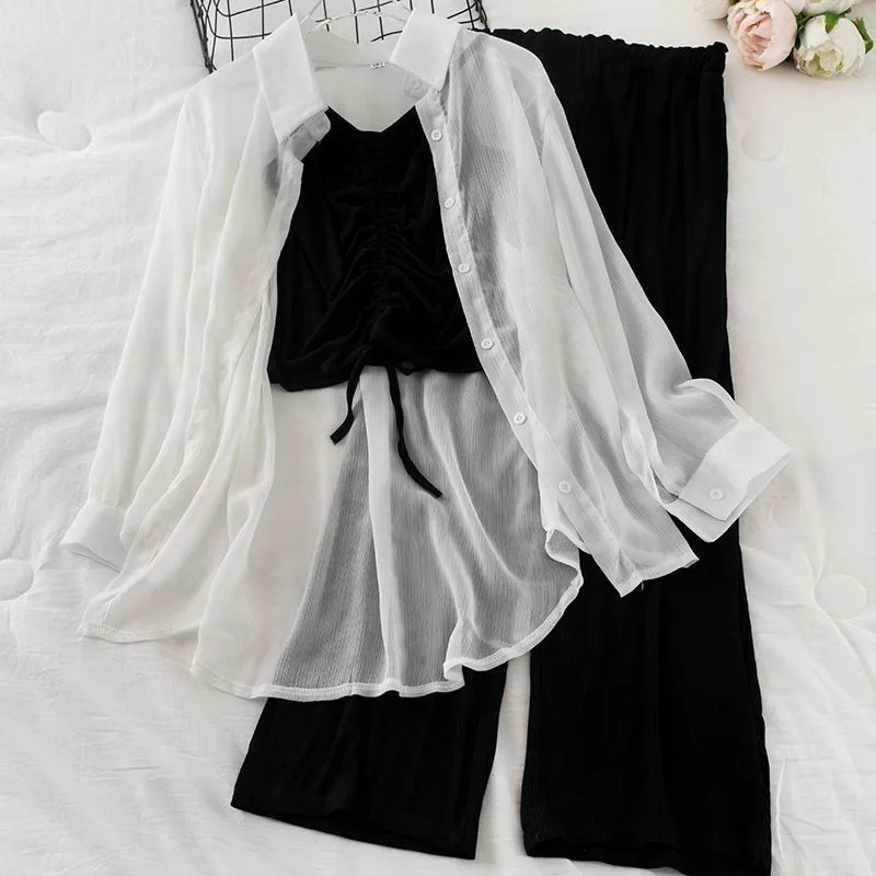 

Summer Clothes Three-piece Women's Suit Chiffon Sunscreen Shirt + Drawstring Strap + High-waist Wide-leg Pants Suits 2021 Y785