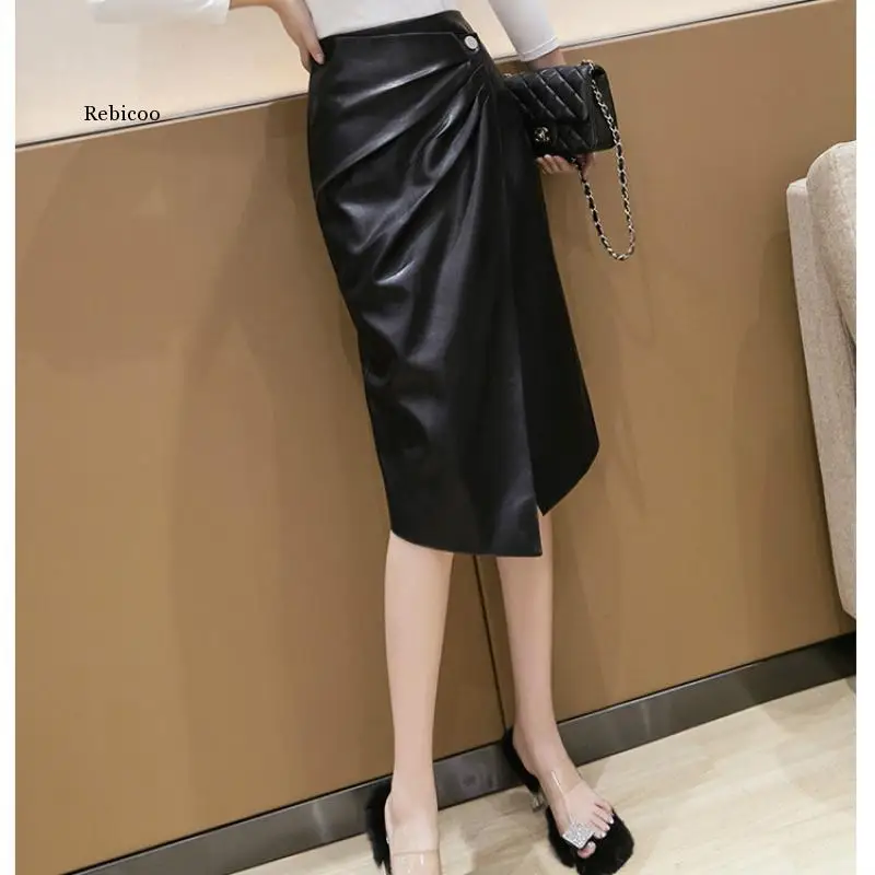 

Summer Women's Artificial Leather Skirt Ladies Office Bag Butt Sexy Pu Skirt Retro High Waist Casual Elegant Skirt New