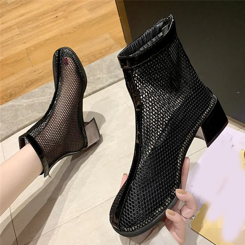 Женские ботильоны с круглым носком сетчатые на молнии спереди черные короткие