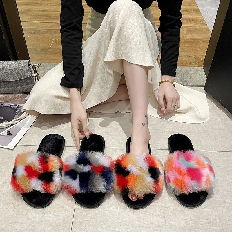 

Colorful Plush Slippers Indoor Slippers Women Winter Warm Fashion Soft Fluffy Slides Casual Flat Open Toe Home Bedroom Slippers