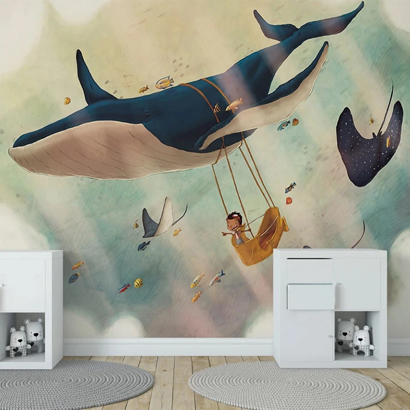 

Custom 3D Wall Mural Cartoon Creative Sky Whale Children's Bedroom Background Wall Decor Papel De Parede Infantil 3D Wallpapers