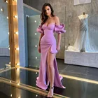 Платье-русалка вечернее из мягкого атласа, с высоким разрезом, открытыми плечами и пышными рукавами