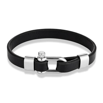 Men Women Black Stainless Steel U shape Leather Bracelet 6