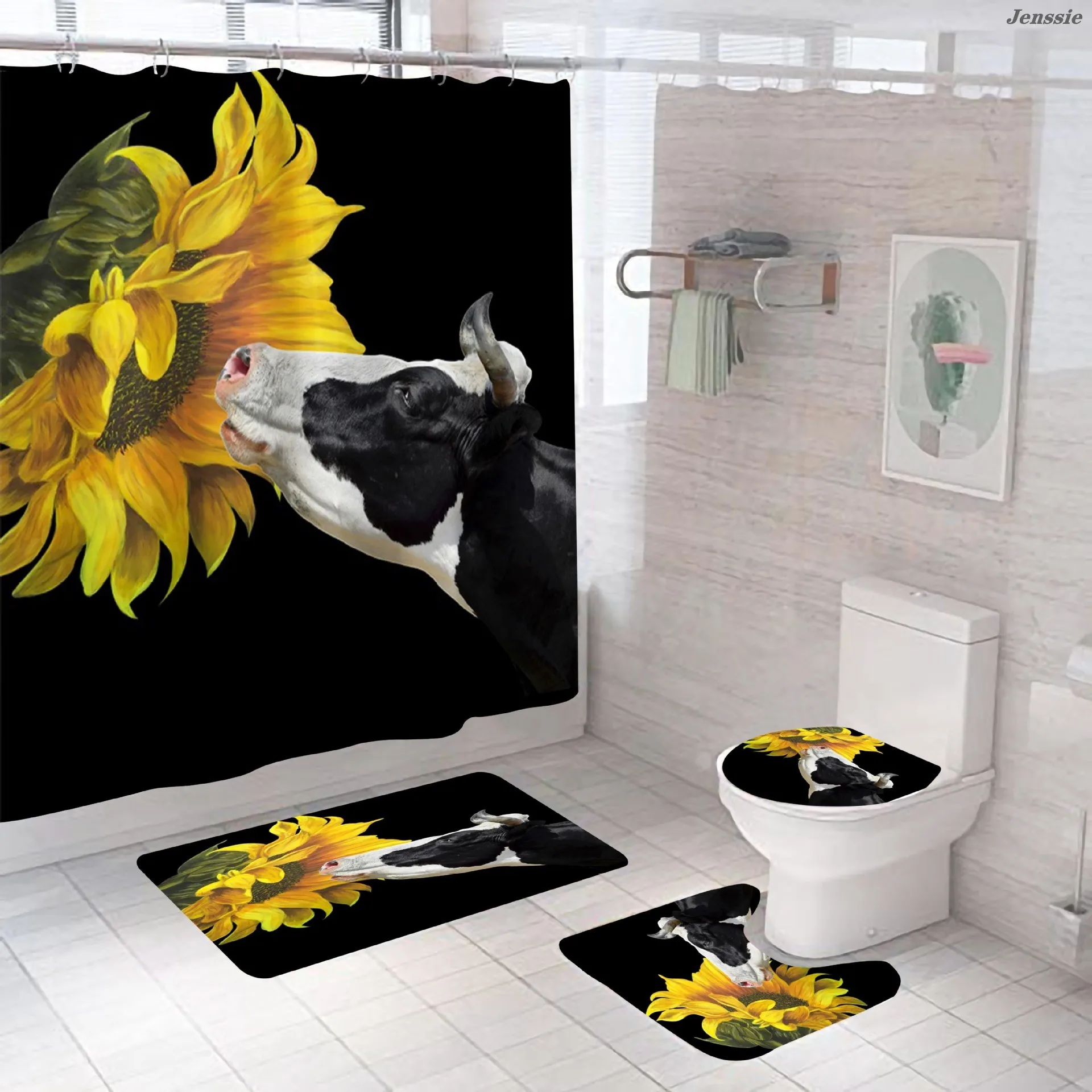 Sunflower Pattern Shower Curtain Set Toilet Cover Rug Carpets Non-slip Kitchen Bath Mat Wooden Board Bathroom Set Decoration enlarge