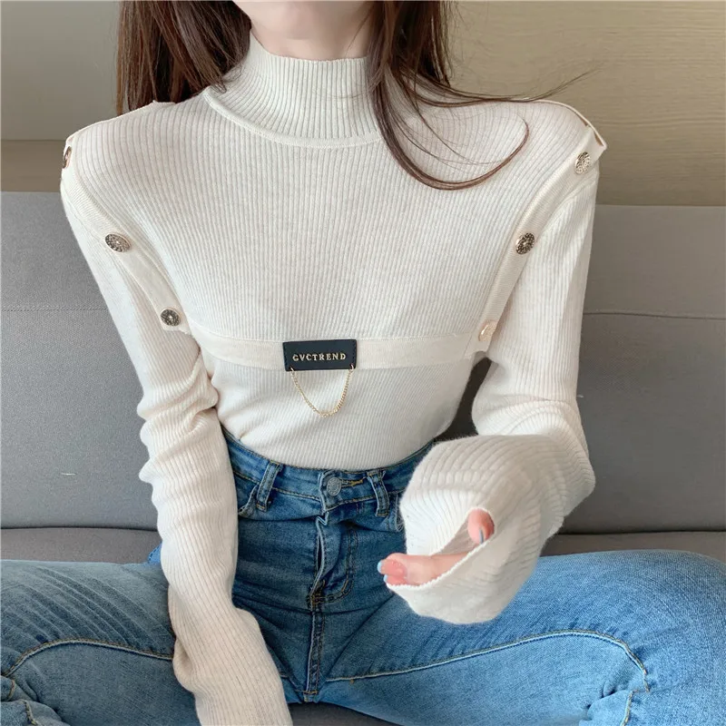 

Double-breasted Knitted Bottoming Shirt Tops New Western Style Women's Winter Thin Long Sleeve Stitching Half Turtleneck Sweater