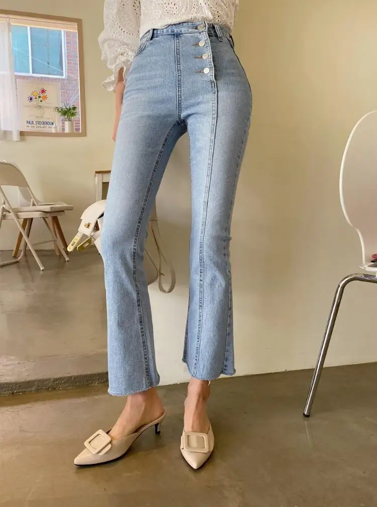 Модные новые женские джинсы с высокой талией Необычные однобортные уличные