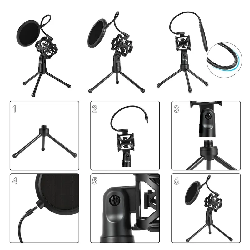 

Microphone Pop Filter Holder Stick Desktop Tripod Stand Anti-Spray Net Kit PS-2 ABS + Metal