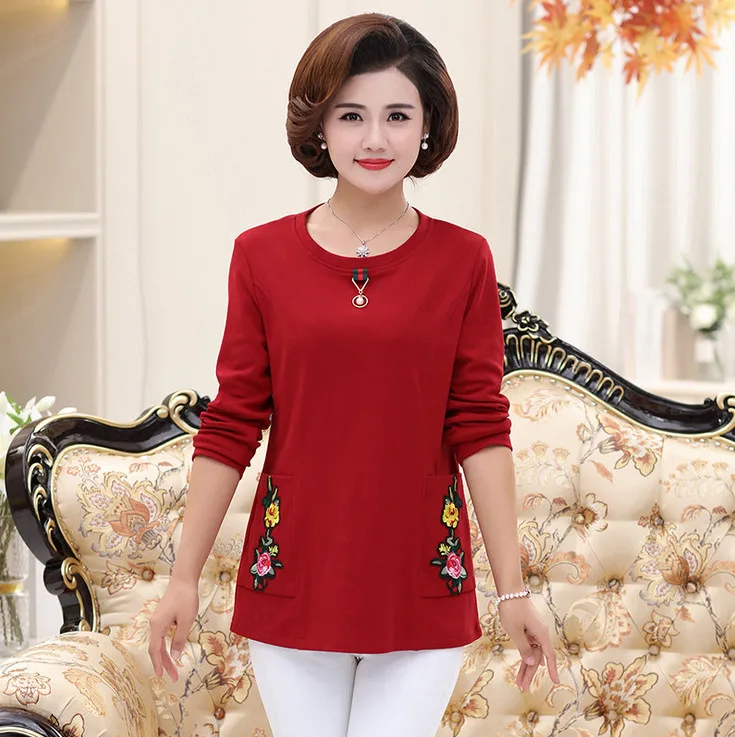 warm tops fall winter women thick long sleeves t-shirts velvet jersey plus size middle age mother shirt pulloves bottoming shirt - Цвет: red 1166