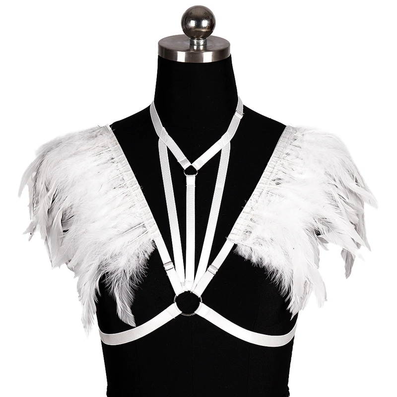 

Festival Rave Body Feather Harness Crop Top Sexy Goth Bondage Chest Cage Cupless Bra Fetish Body Belt Suspender Prom Wear