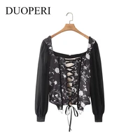 duoperi women vintage floral printed blouse with front crossover ties square neckline long sleeves chic lady female top