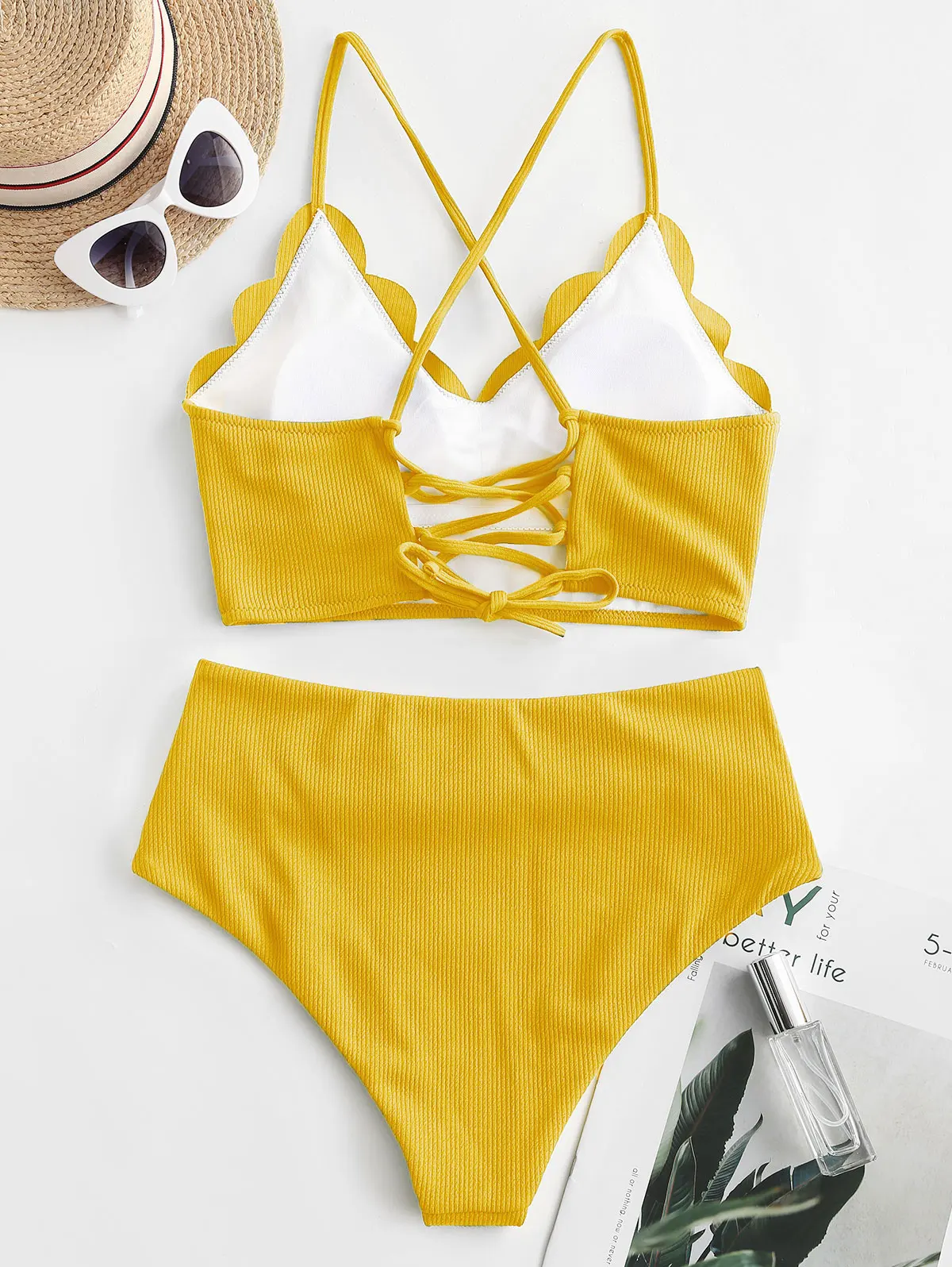 Zaful ребристые Scalloped Кружева Ruched танкини купальники для женщин