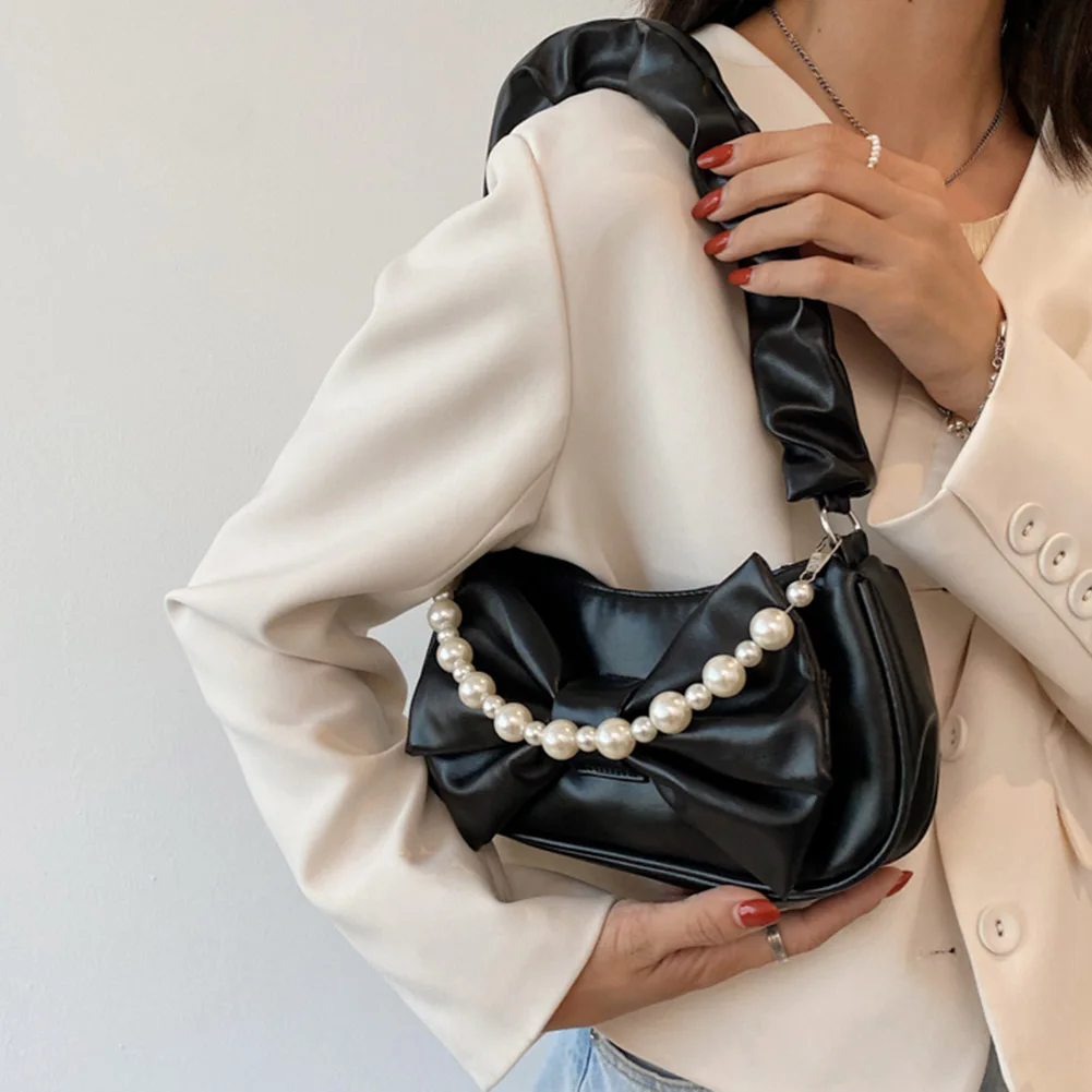 

Women's Bag Fashion Pleated Bowknot Underarm Shoulder Bag Casual Ladies Pearl Chain Solid Color Small Luxury Designer Handbags