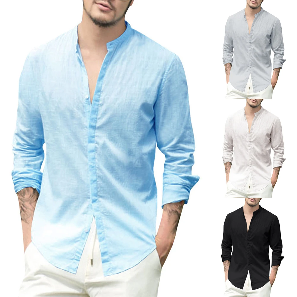 

Men Shirts Solid Color Stand-Up Collar Button Down Cotton Linen Long Sleeve Blouse Casual Summer Shirts Cotton Linen Breathable
