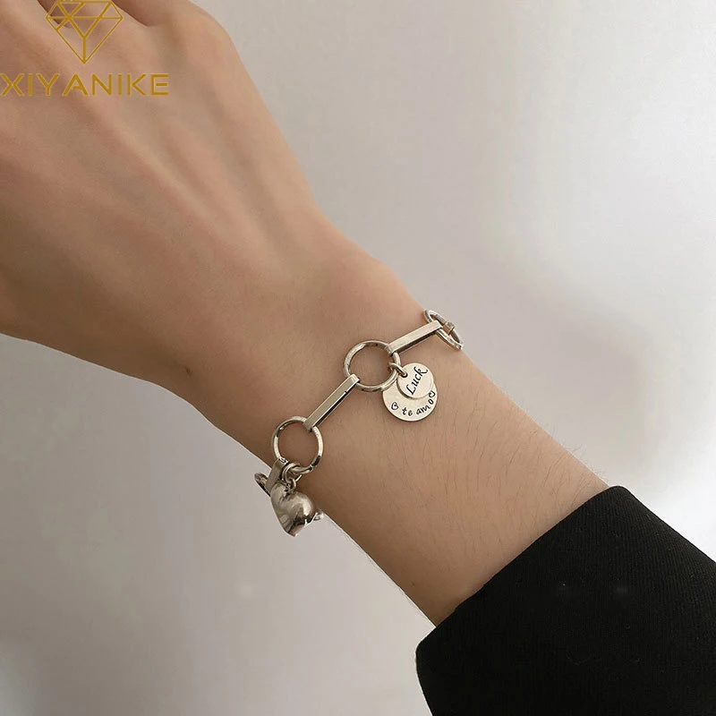 

XIYANIKESilver Color Heart-shaped Love Round Brand Bracelet Female ins Unique Design Simple Fashion Handmade Jewelry