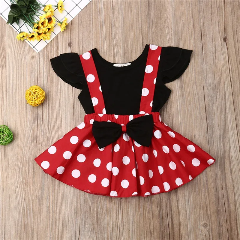 Conjunto de ropa para ni&ntilde;as peque&ntilde;as, camiseta sin mangas con volantes y lazo, falda con tirantes rojos, ropa de verano, 2 uds.-2