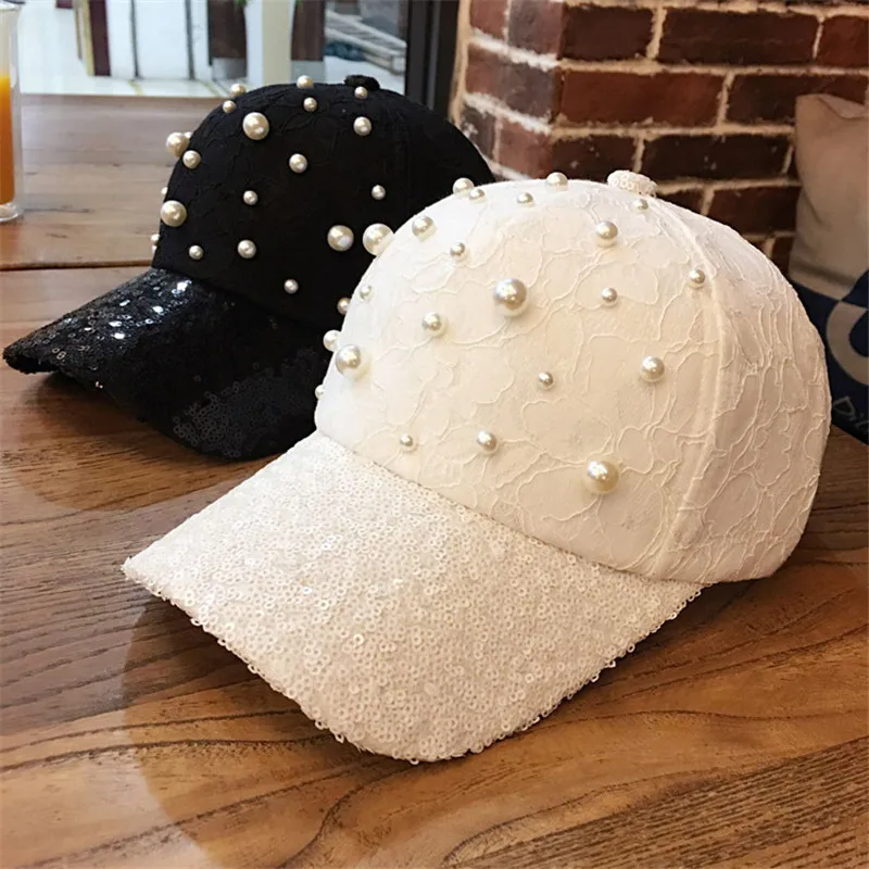 Summer Tourist Hat Plain Cotton Women Baseball Cap Snapback Hip Hop Caps Flowers Casual Pearl Sequins White Baseball Caps Hats