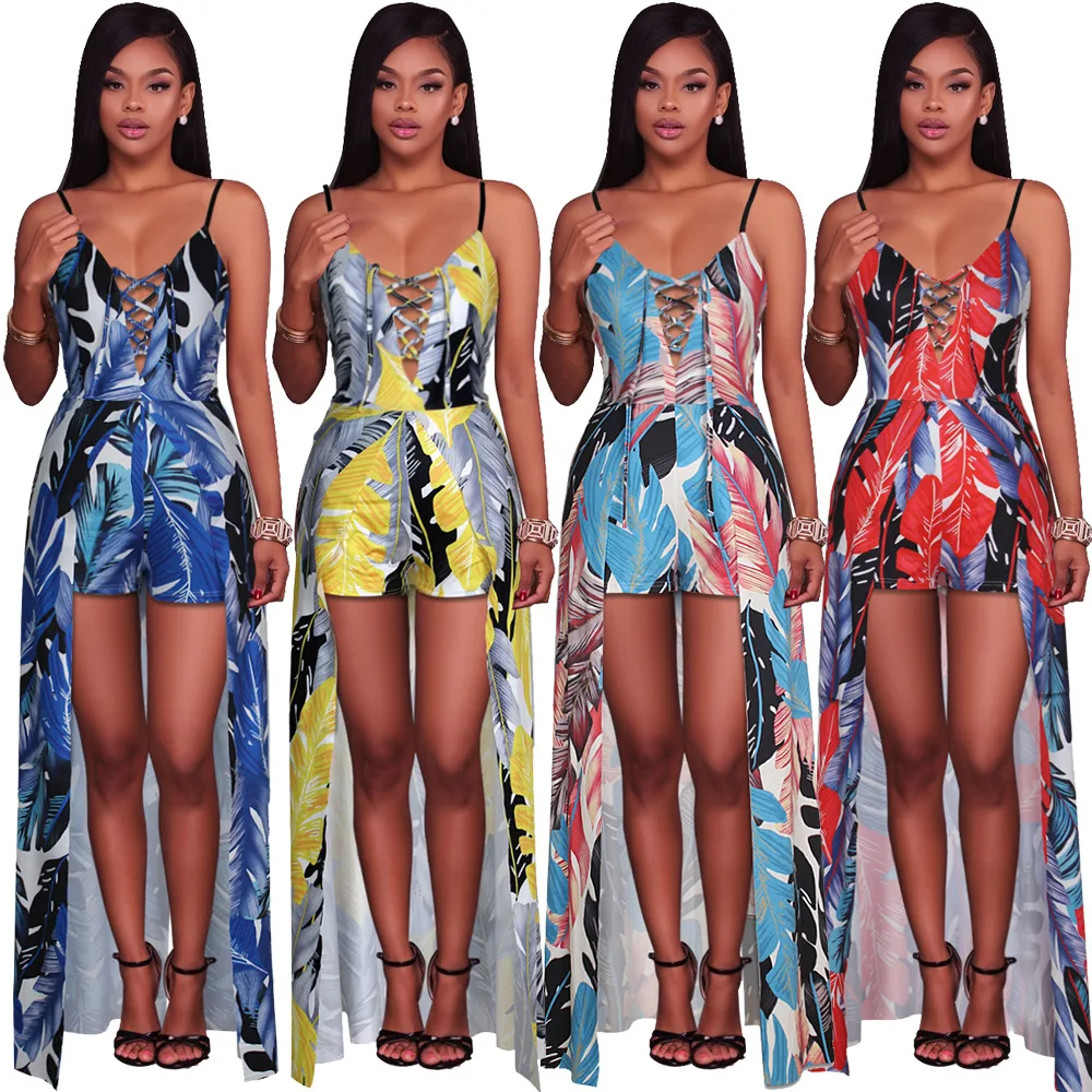 Элегантный женский пляжный комбинезон с открытой спиной на шнуровке принтом в