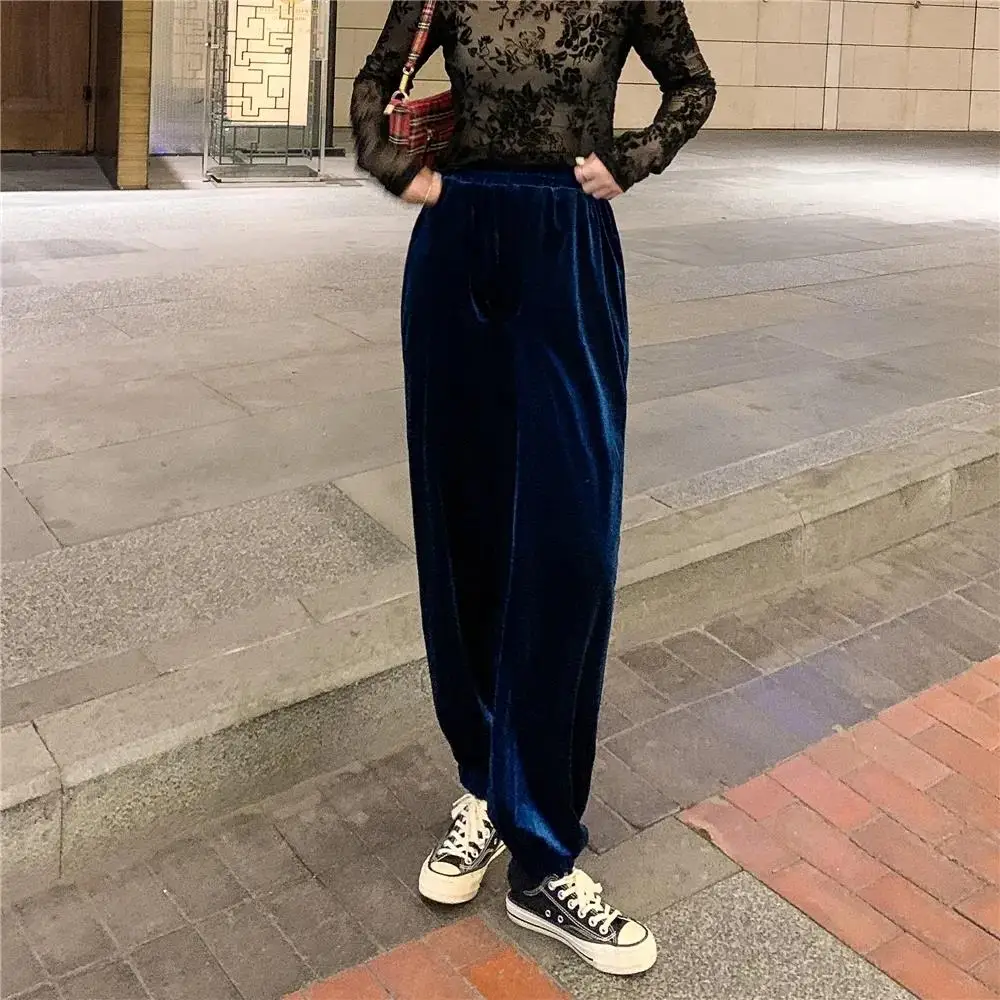 Женские длинные брюки с поясом на резинке повседневные однотонные фонариками