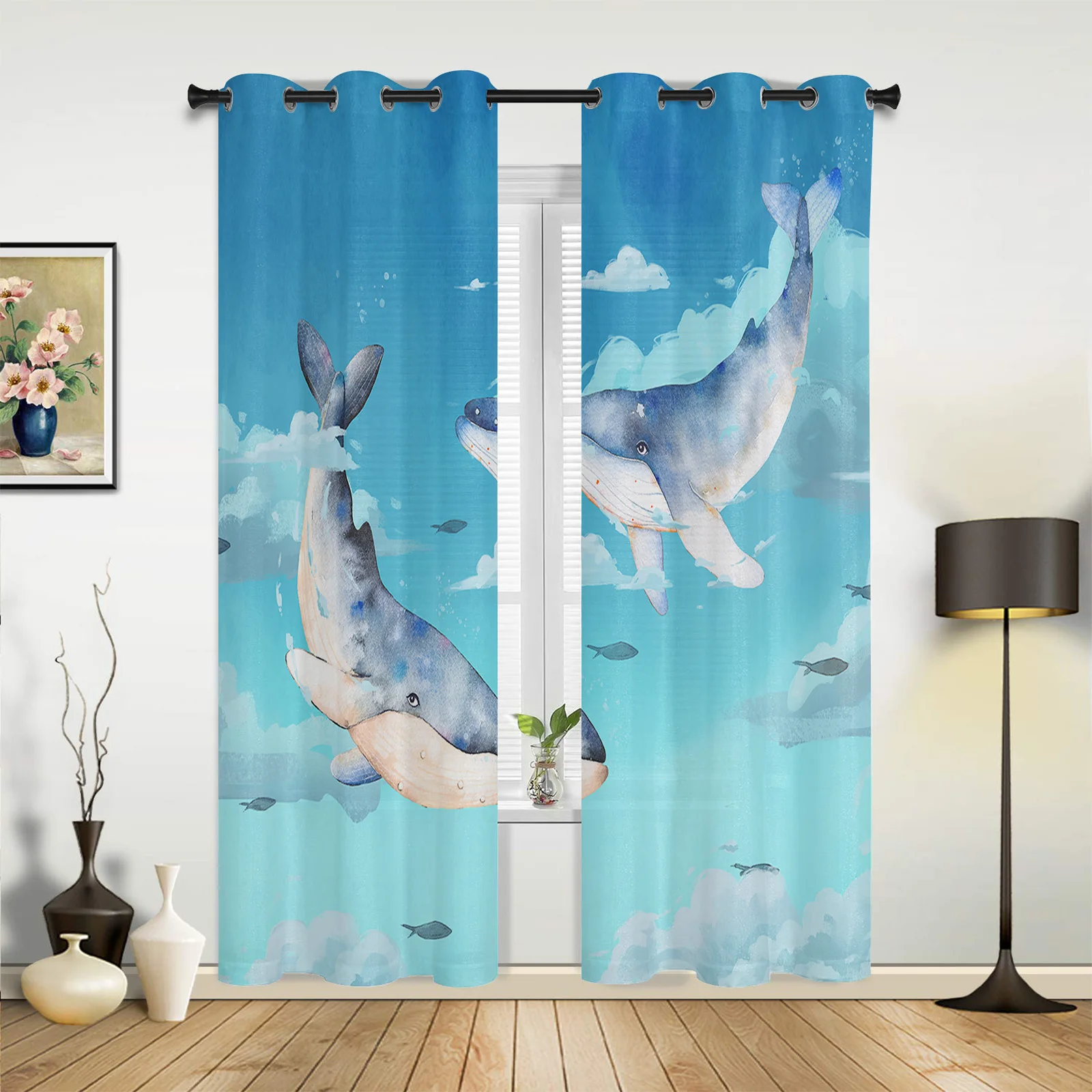 Шторы на окна с рисунком Кита белого облака голубого неба акварельные для