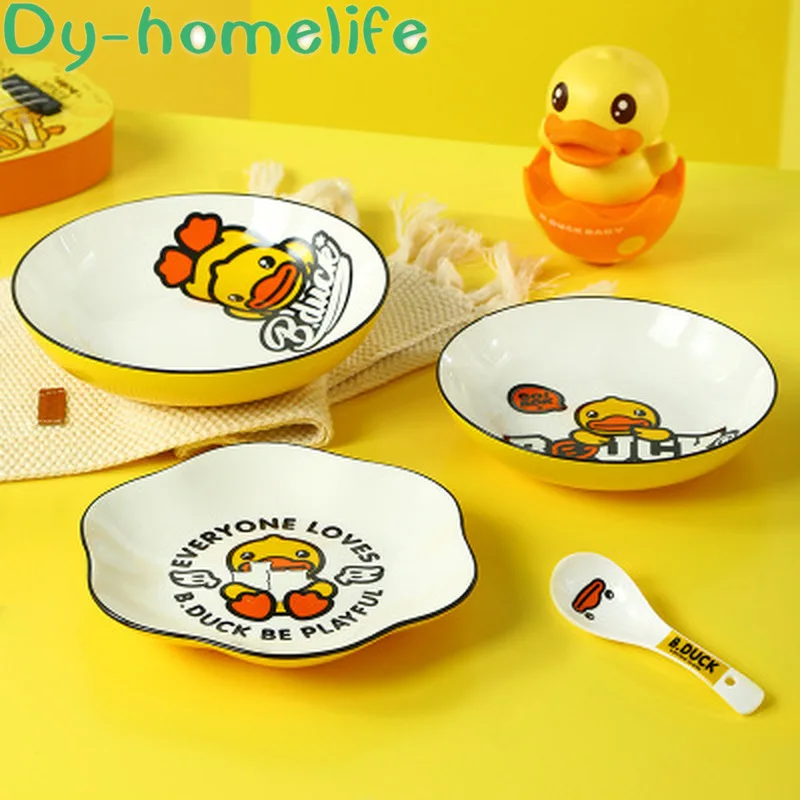 

Ceramic Tableware Set Korean Cartoon Small Yellow Duck Bone Porcelain Plate Bowl Combination Pack Home Kitchen Supplies