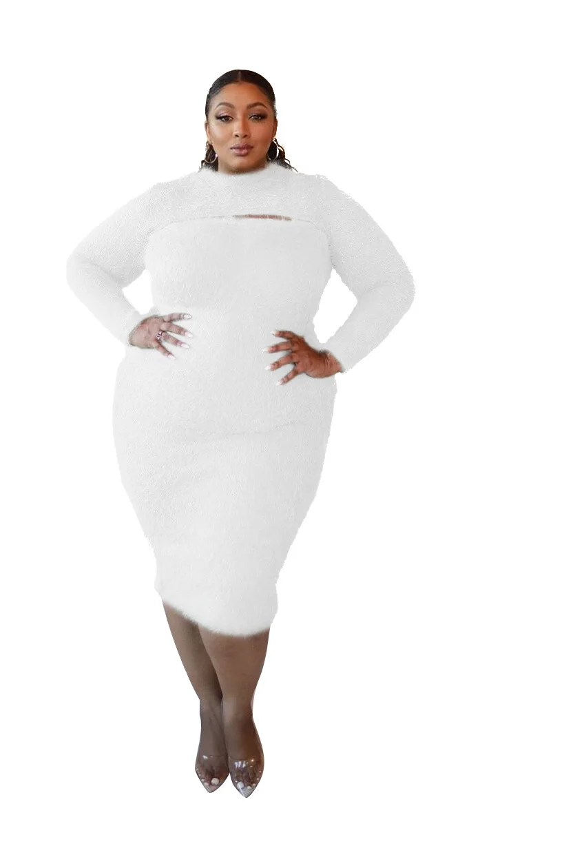 

Winter Plush Women Warm Dresses Plus Size Long Sleeves High Neck Hollow Out Sexy Bodycon Dress Knee Length Female Home Party
