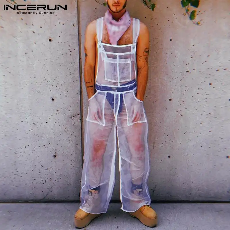

Men Mesh Jumpsuit Transparent Solid Color Sleeveless 2022 Streetwear Straps Thin Rompers Pockets Breathable Men Overalls INCERUN