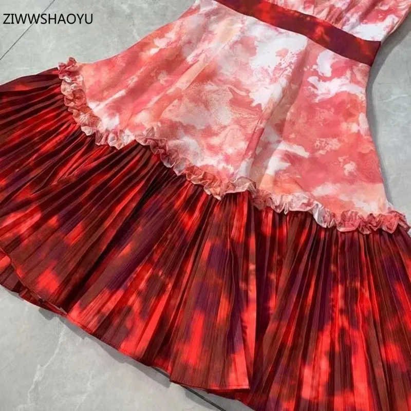 

ZIWWSHAOYU 2021Fashion Women Summer Women Mini Dress Elegant V-Neck Sleeveless High Waist Floral Print Ruffles Hem Party Dresses