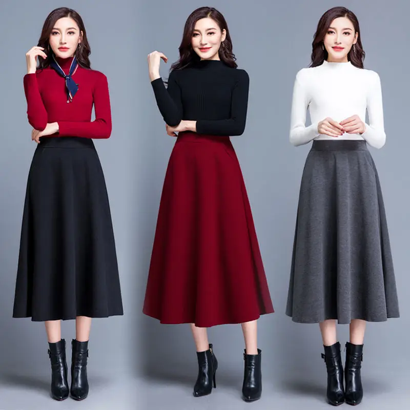 

Autumn Winter Woolen Skirts Pocket Midi Skirt Women Plus Size Feminine Lady Empire Waist A-Line Long Skirt Black Red Grey Skirts