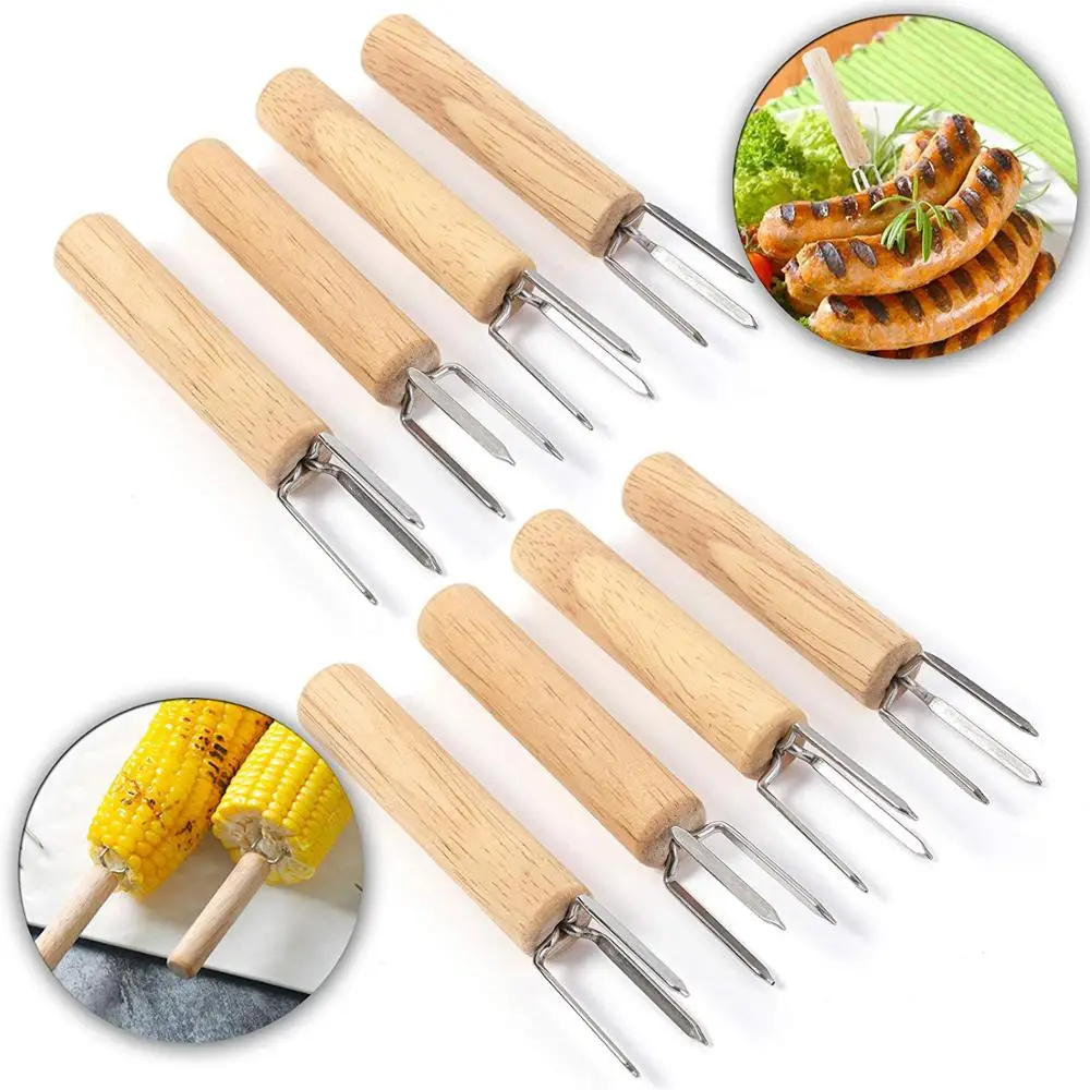

8PCS Corn Holder bbq Accessories Stainless Steel Forks With Oak Handle Anti-scalding Corn Skewers For Kids Camping Supplies D20