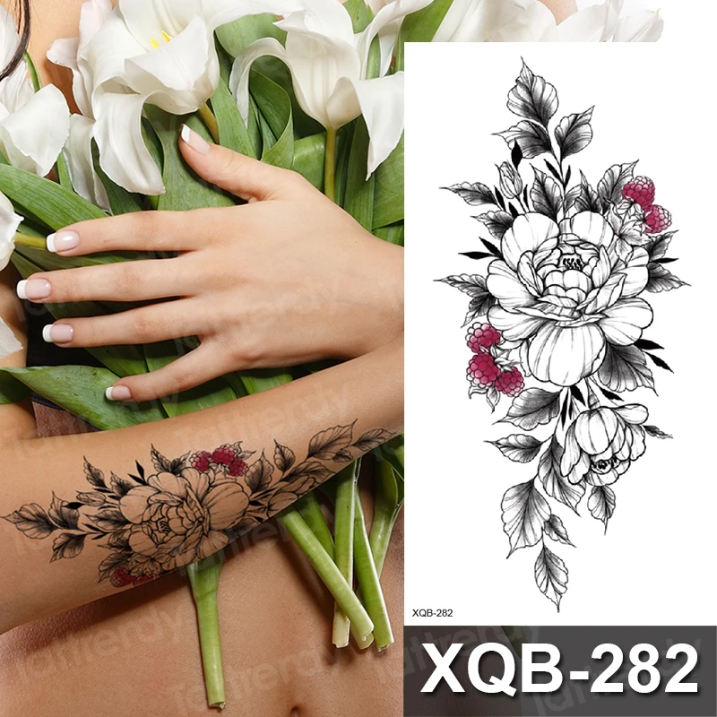 

1 шт. модная Временная тату-наклейка для женщин и девочек, черные розы, дизайн, пион, цветок, рука, боди-арт, искусственная татуировка, водосто...