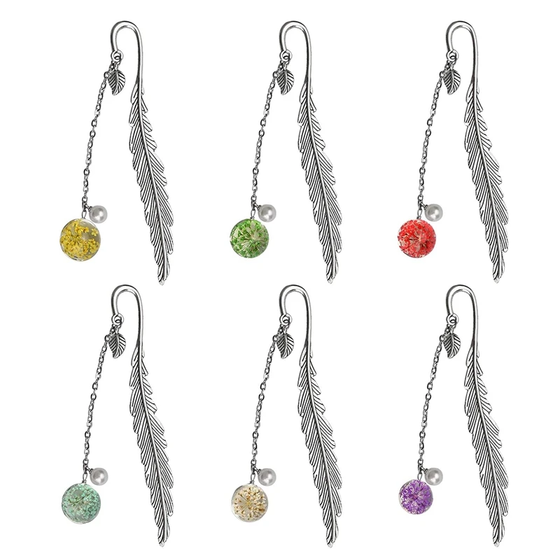 

6 Pieces Metal Feather Bookmarks with Dry Flower Pearl Pendant Crafts Vintage Creative Book Mark Clip Page Marker