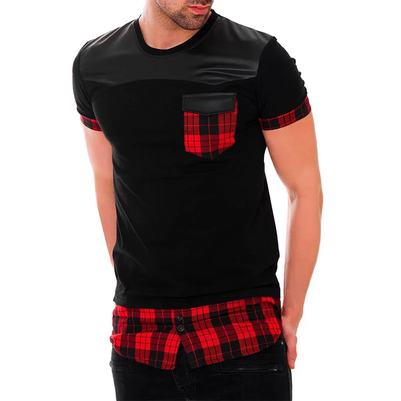 IceLion 2021 Summer Plaid Patchwork T Shirt Men Fashion Fake Two Pieces T-shirt Casual Tops Men's Short Sleeve Slim Fit Tshirt | Мужская