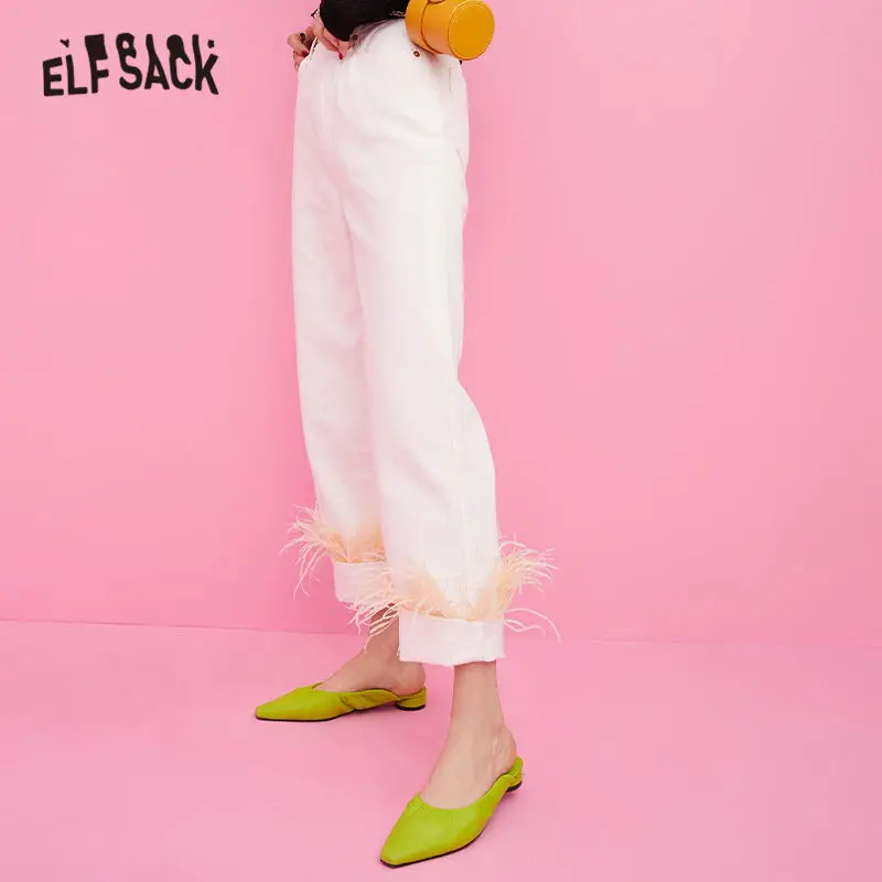 ELFSACK модные корейские джинсы со съемным перьевым подолом женские джинсовые штаны