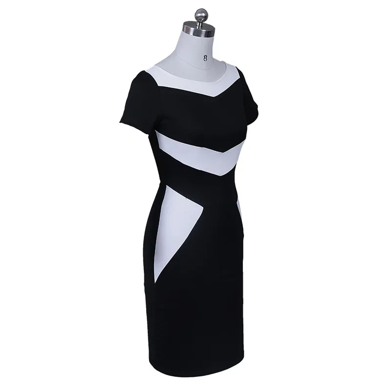 Women Elegant Dress 2019 Spring summer Short Sleeve O Neck Knee Length Shift pencil Dresses OL Style Black and white Work | Женская