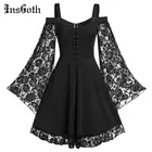 Женское винтажное платье на шнуровке InsGoth Goth, черное кружевное платье составного кроя с расклешенными рукавами, осенняя одежда в стиле панк Y2K для Хэллоуина