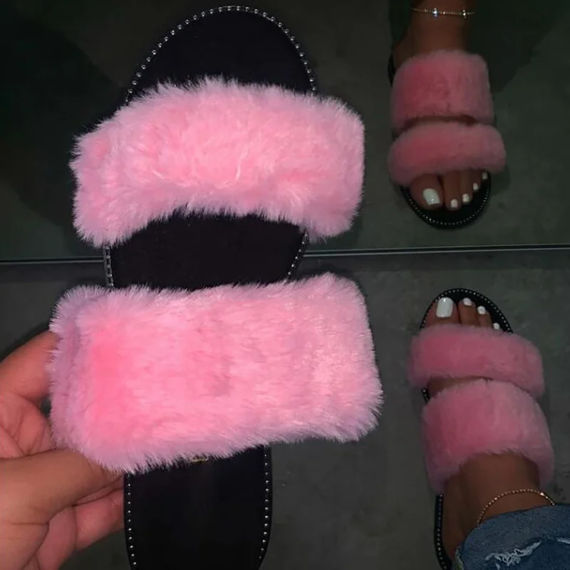 Flat slippers for women Non-Slip female Designer Slide Ladies fur Slippers 2020 Summer Shoes big size 41 | Обувь