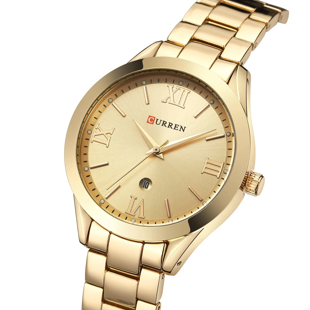 

Часы Curren женские кварцевые, роскошные брендовые модные наручные, с календарем и золотым стальным ремешком