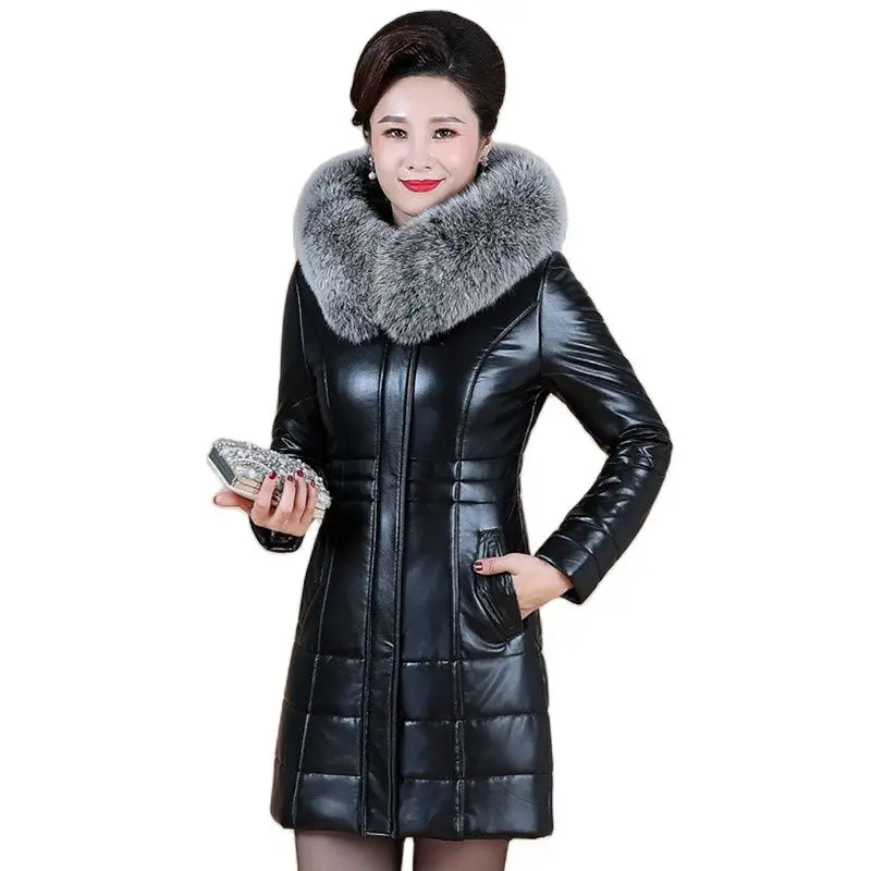 L-8XL Women Long Leather Coat Winter 2023 Mother Sheepskin Outerwear Thicken Warm Camel Overcoat Fur Collar Hooded Jacket Female