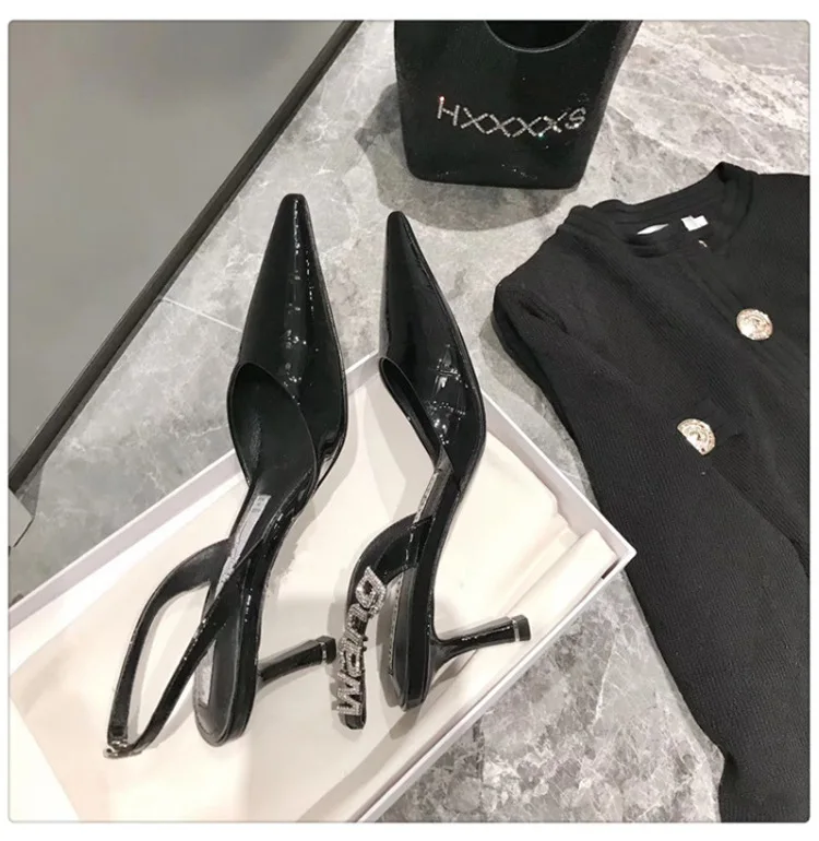 

Women Lady Black CROCODILE Poined Toes Letters Decor Rhinestone Crystal High Heels Shoes Slingback Pumps Wedding Dress Sandals