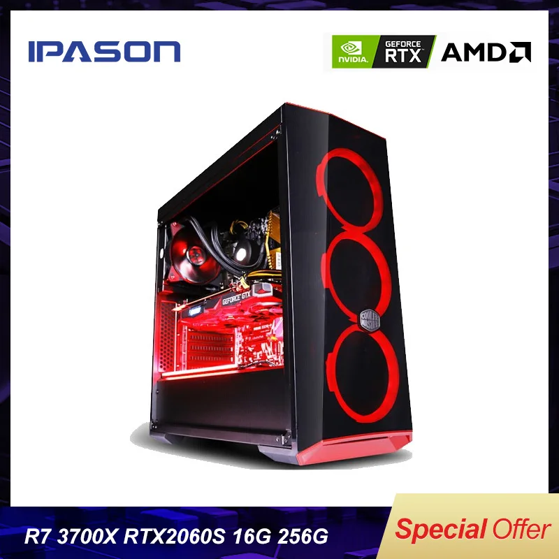 IPASON игровой пк компьютер AMD R7 3700X выделенная карта RTX2060 Супер 8 Гб DDR4 16 Гб ram 256 ГБ SSD для игры PUBG настольные компьютеры ПК