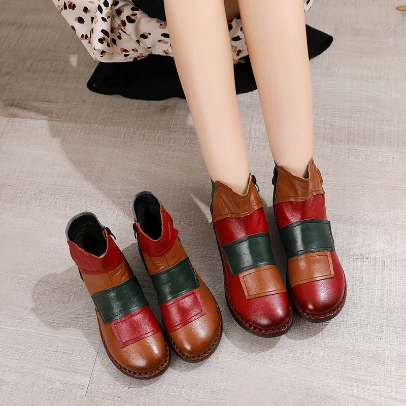 

BEYARNE2020 Winter Splicing Shoes Cotton Shoes Women Thick Warm Plush Cow Leather Ankle Boots Mother Shoes Non-slip Flat Bottom