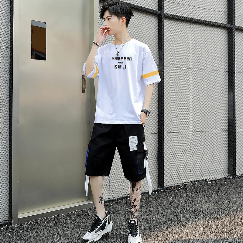 

2021 summer new men's suit Korean Short Sleeve Top Casual shorts a set of outdoor sports T-shirt student dress