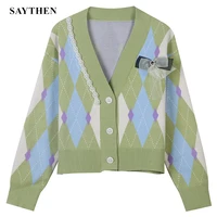 saythen winter womens contrast color rhombic cute jacquard bead stitching sweet self cultivation v neck short cardigan ys12253