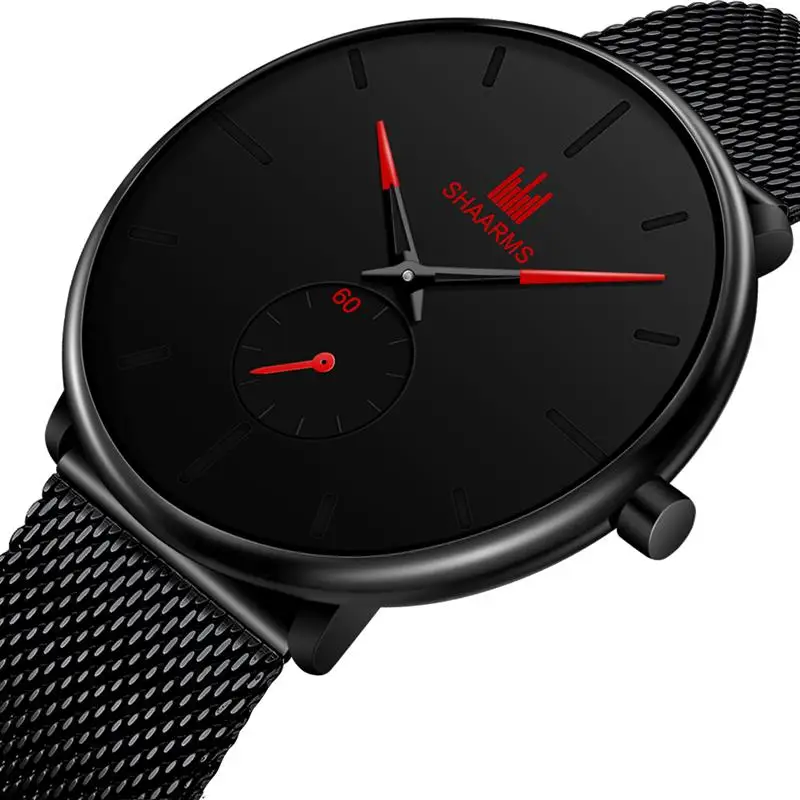 Мужские кварцевые наручные часы SHAARMS черные с сетчатым ремешком из нержавеющей